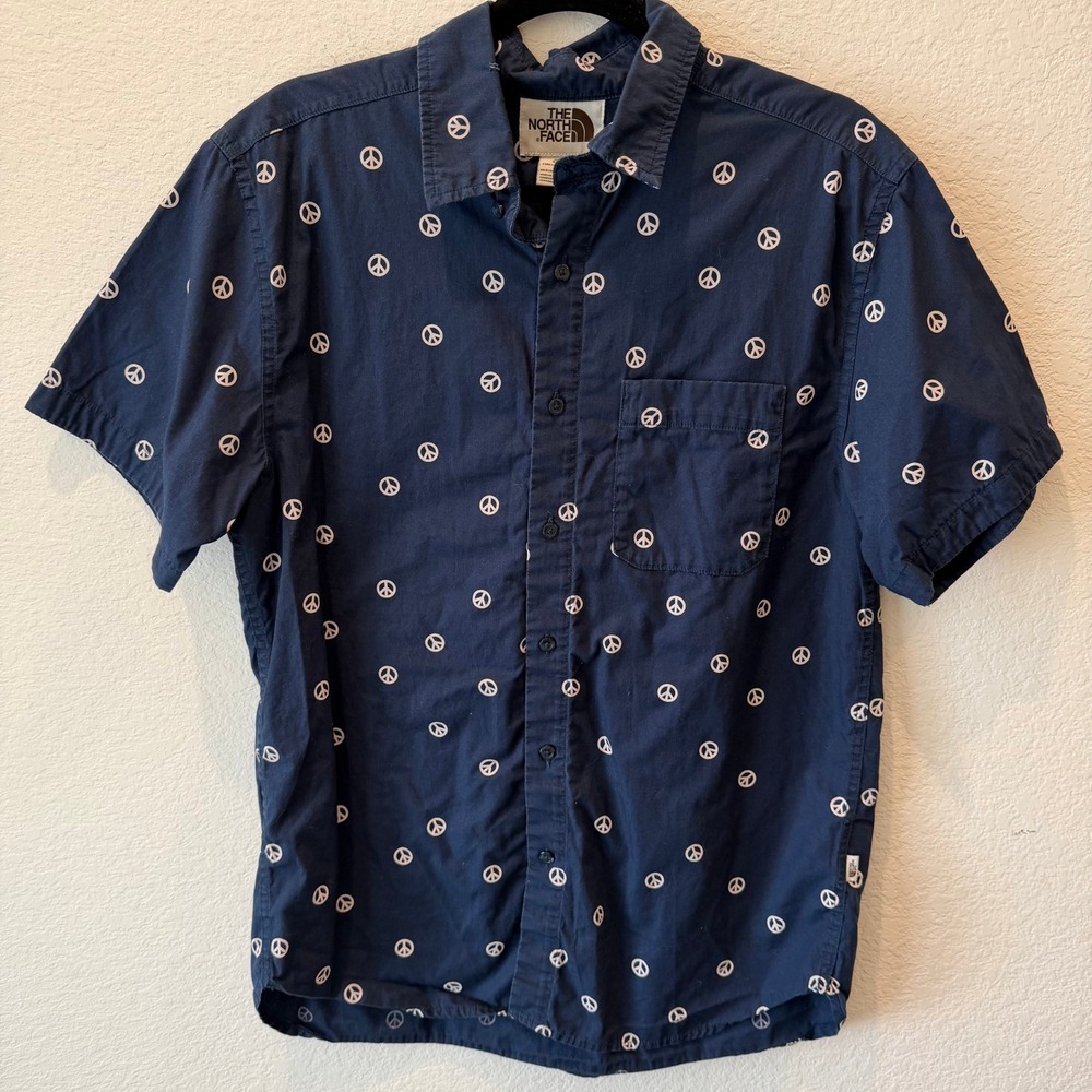 The North Face Mens Peace Sign Print Button Down Shirt Navy Blue Medium